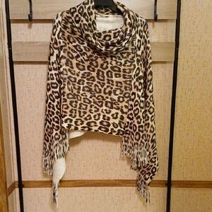 Leopard Print Fringe Poncho - Neutral Animal Print